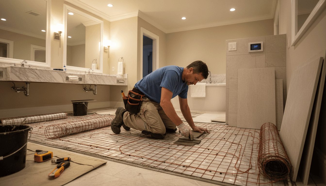 Installing heated tile flooring in luxury bathroom