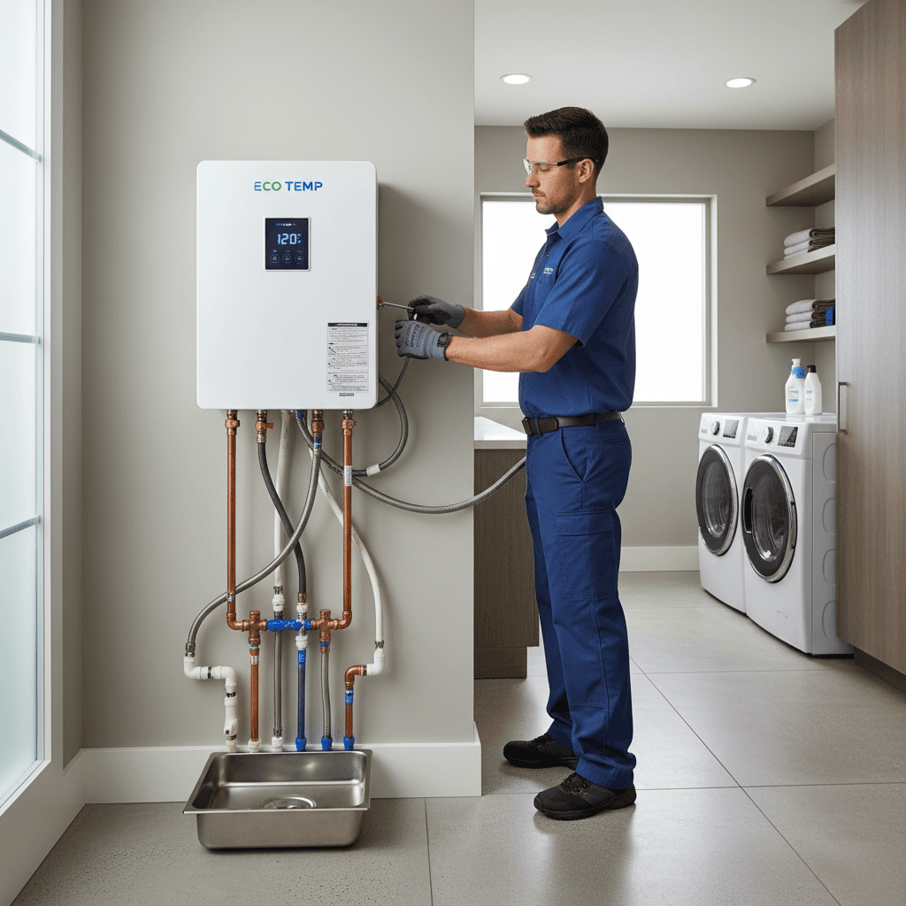 Technician installing a Noritz tankless water heater