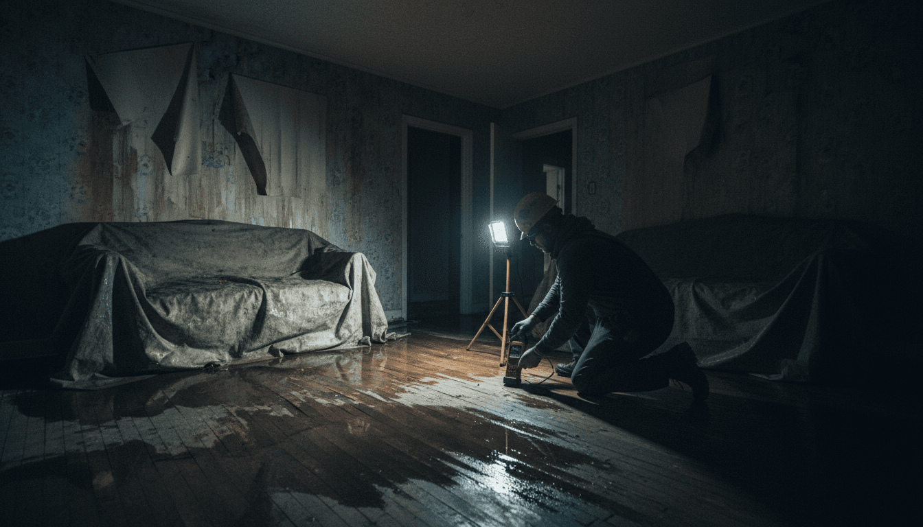 Water damage restoration professional inspecting warped hardwood floors in a Philadelphia home