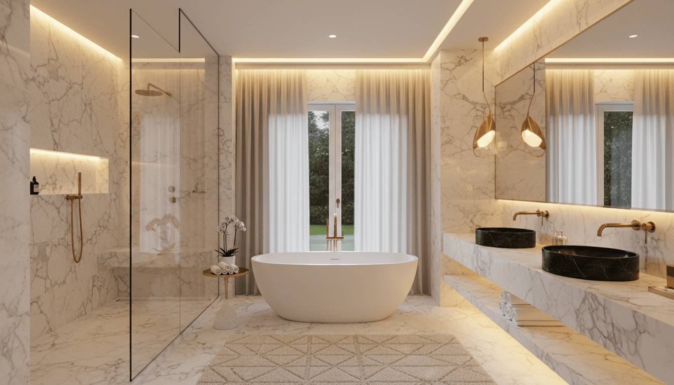 Modern luxury bathroom with marble finishes and elegant fixtures