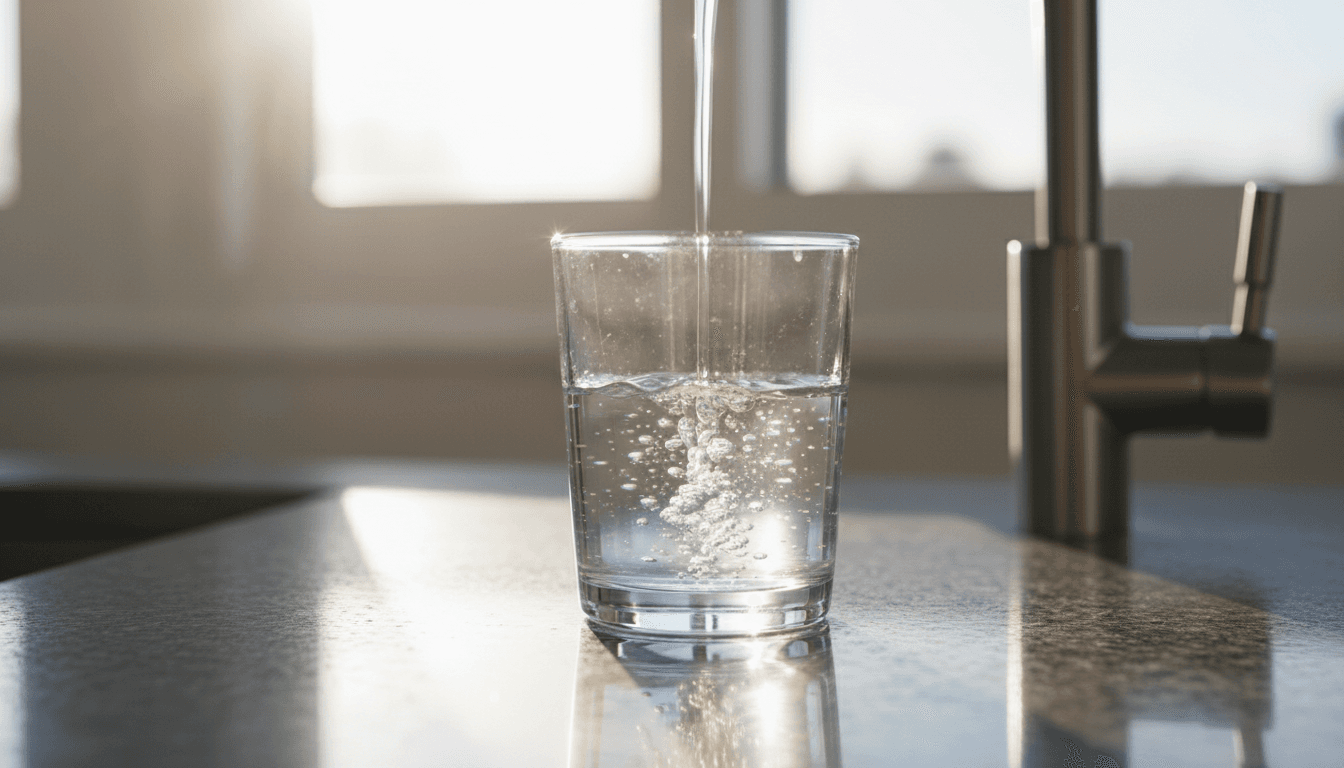 fresh glass of filtered water being poured from kitchen faucet