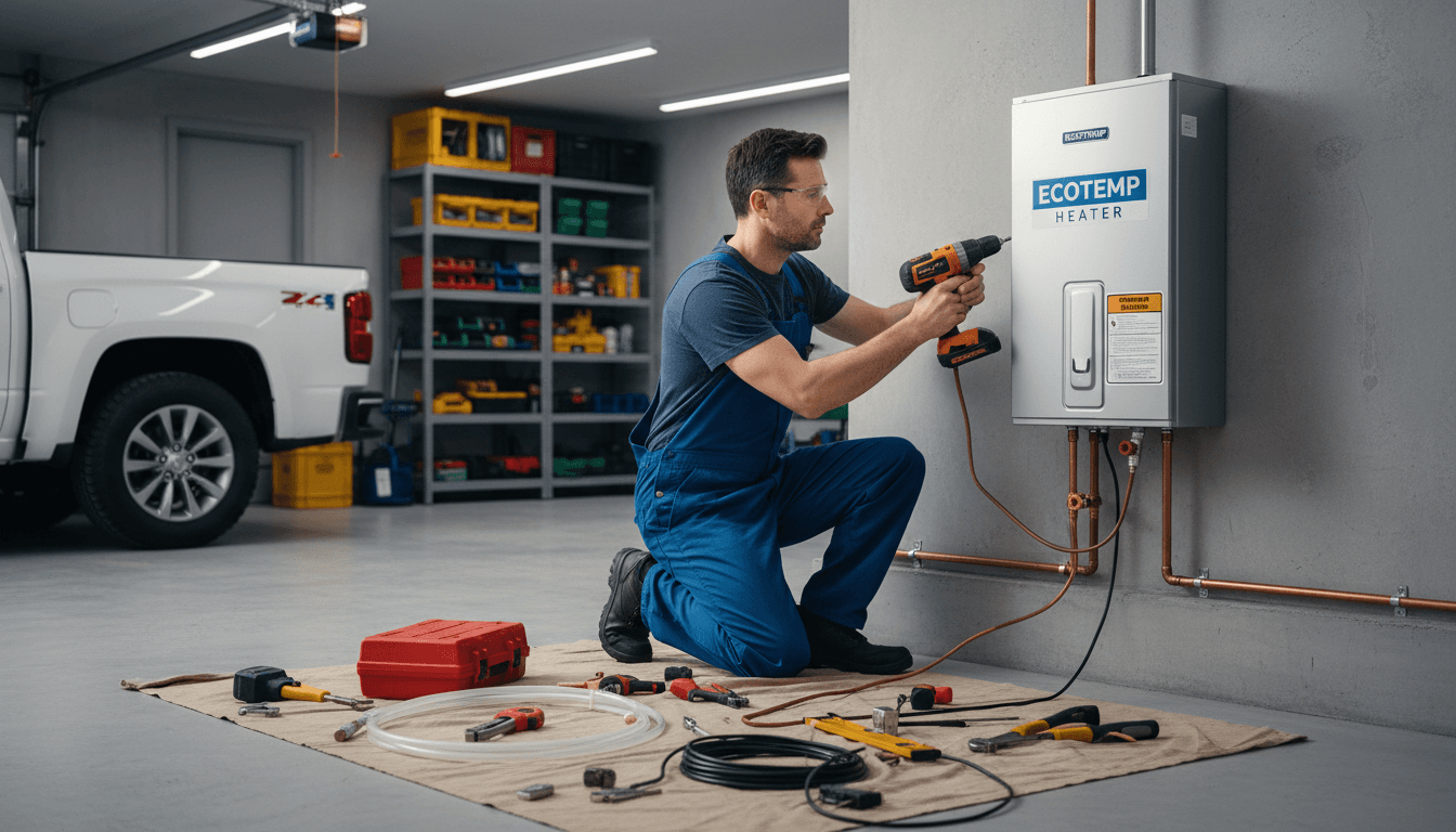 Technician installing a wall-mounted water heater in a home utility space