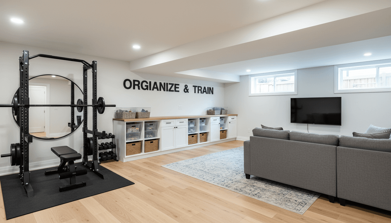 Bright finished basement with home gym equipment and organized storage