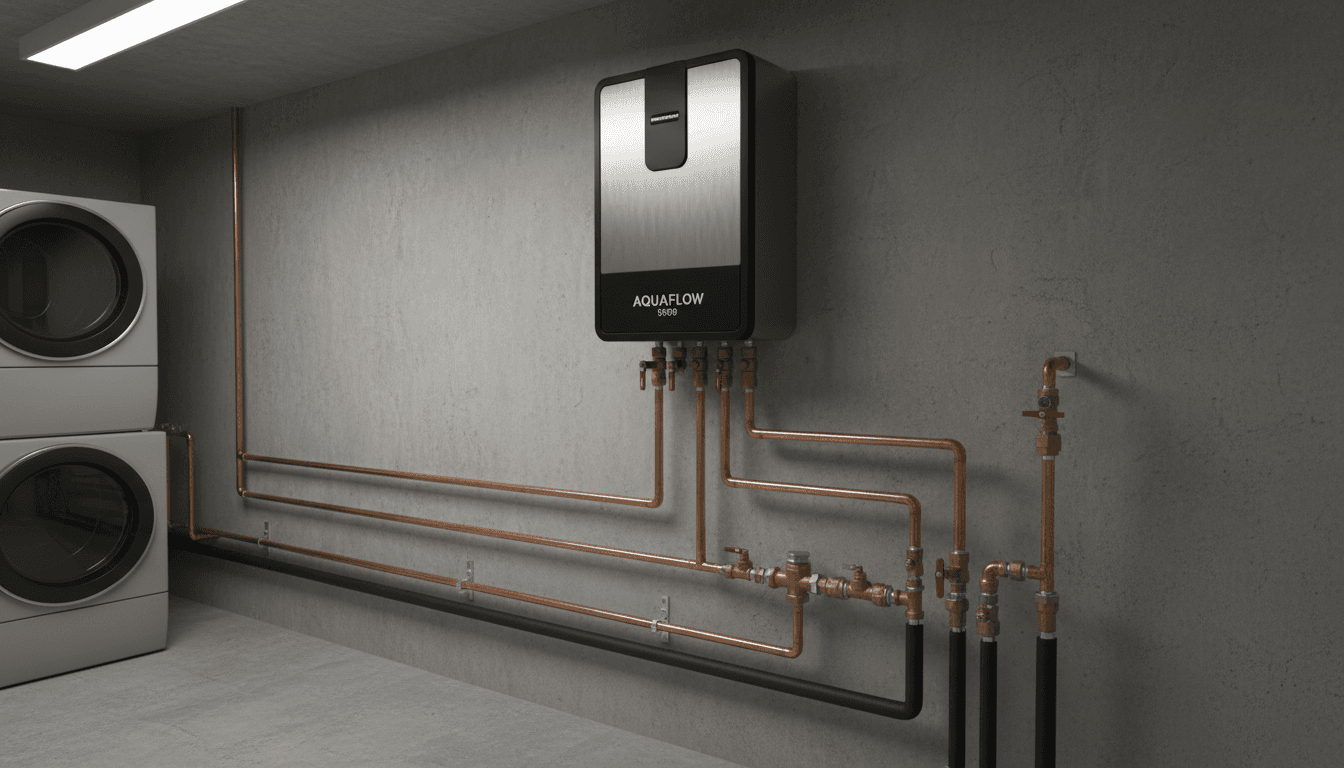 Modern tankless water heater mounted on a wall with neat copper piping