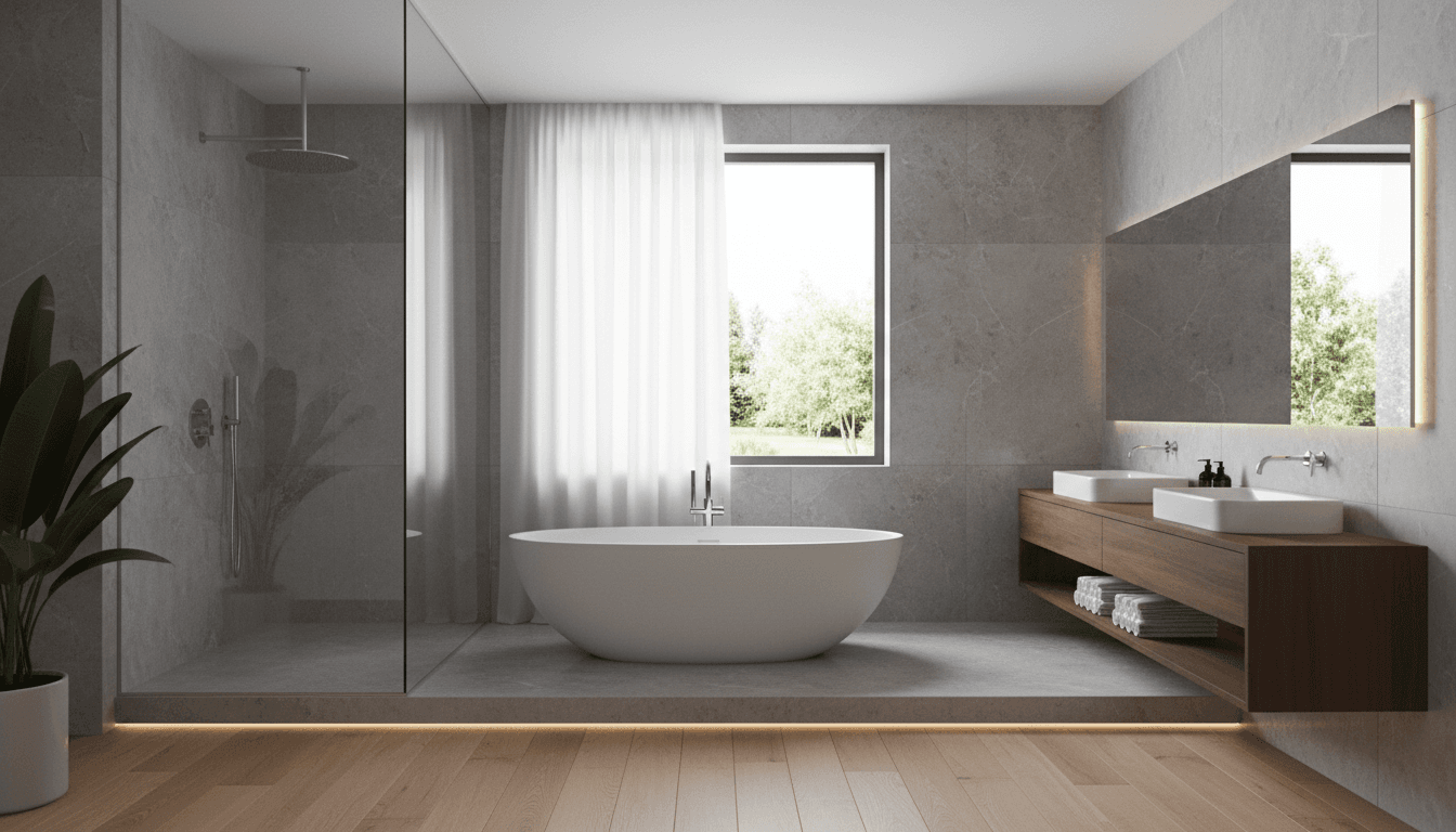 Modern luxury bathroom with a freestanding tub and walk-in rain shower