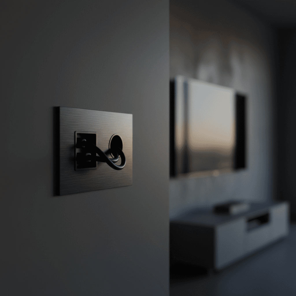 Close-up detail of flush cable management plate on a custom media wall