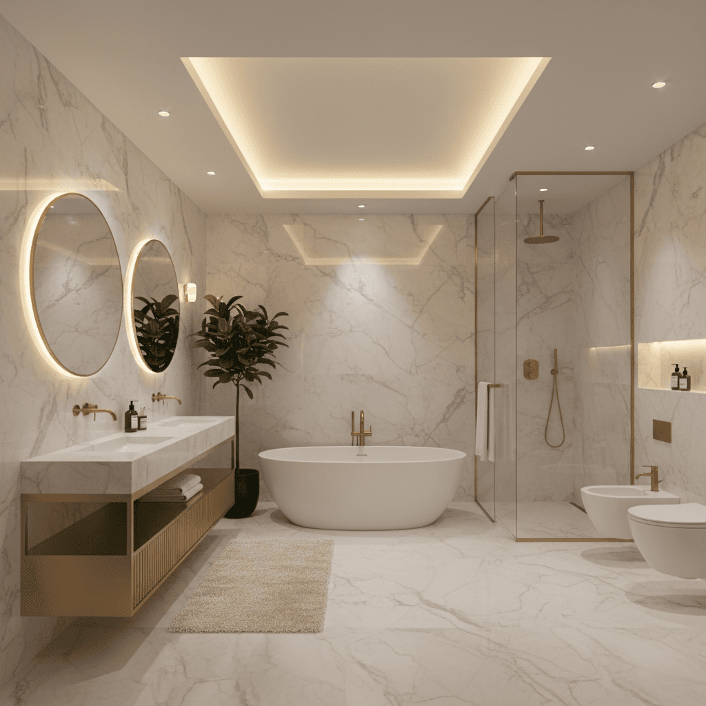 Modern luxury bathroom with marble surfaces and sleek contemporary fixtures