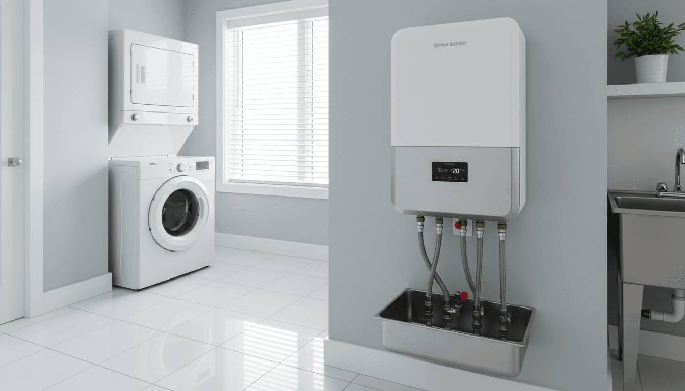 Modern tankless water heater mounted on a wall in a bright clean utility room