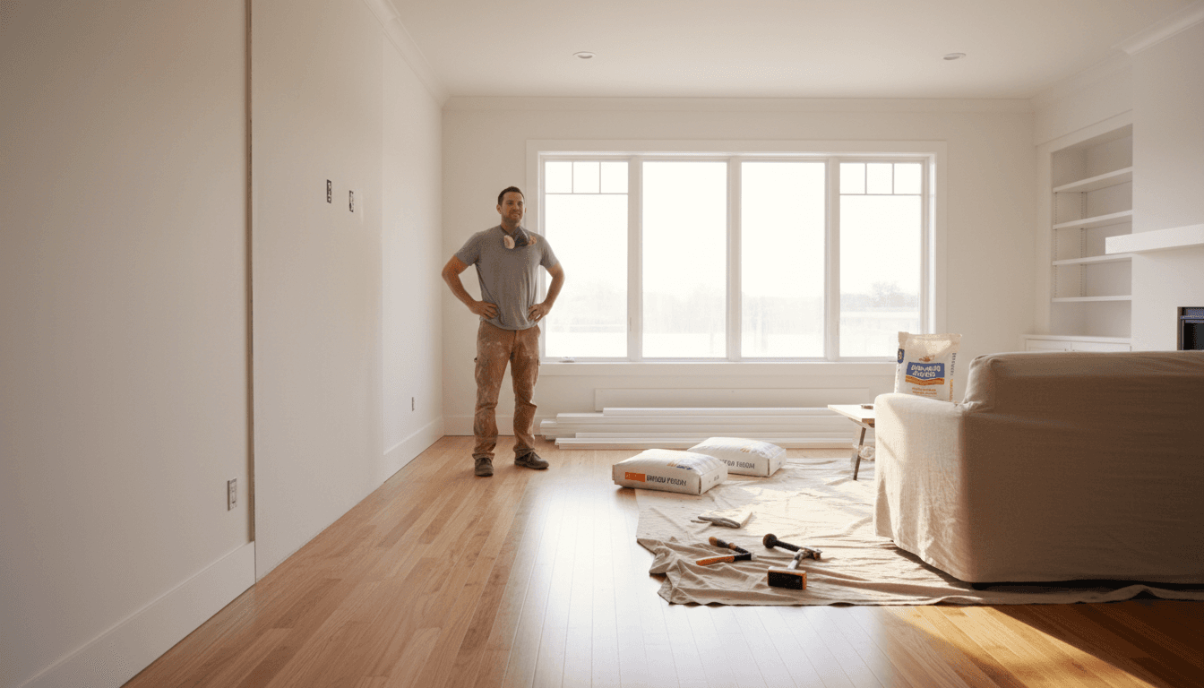 Bright restored living room interior after water damage repair with hardwood floors and craftsman surveying the work