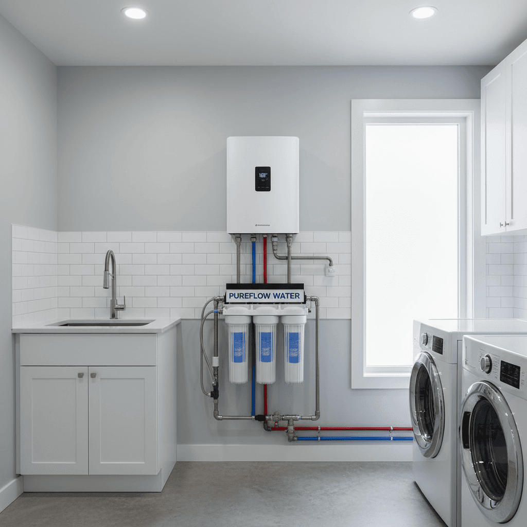 New tankless water heater and filtration system mounted neatly in a utility room