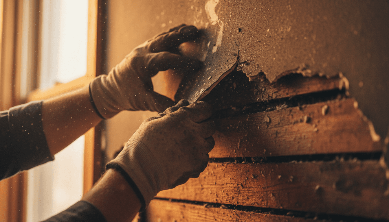 Close-up of hands removing fire-damaged drywall showing charred texture and soot