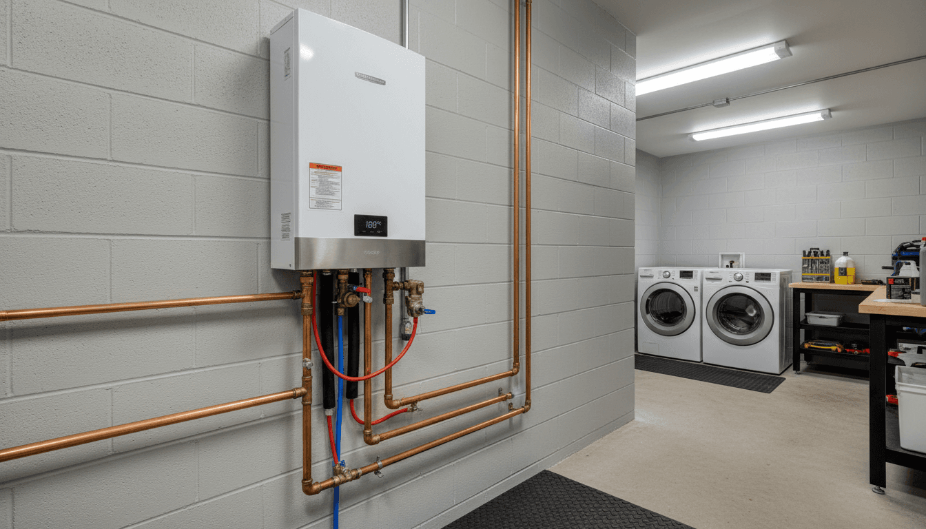 Modern tankless water heater mounted on a wall with visible copper piping