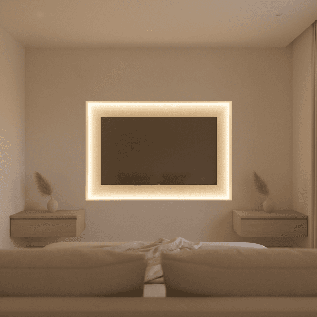 Custom media wall as bedroom centerpiece with hidden LED alcove lighting