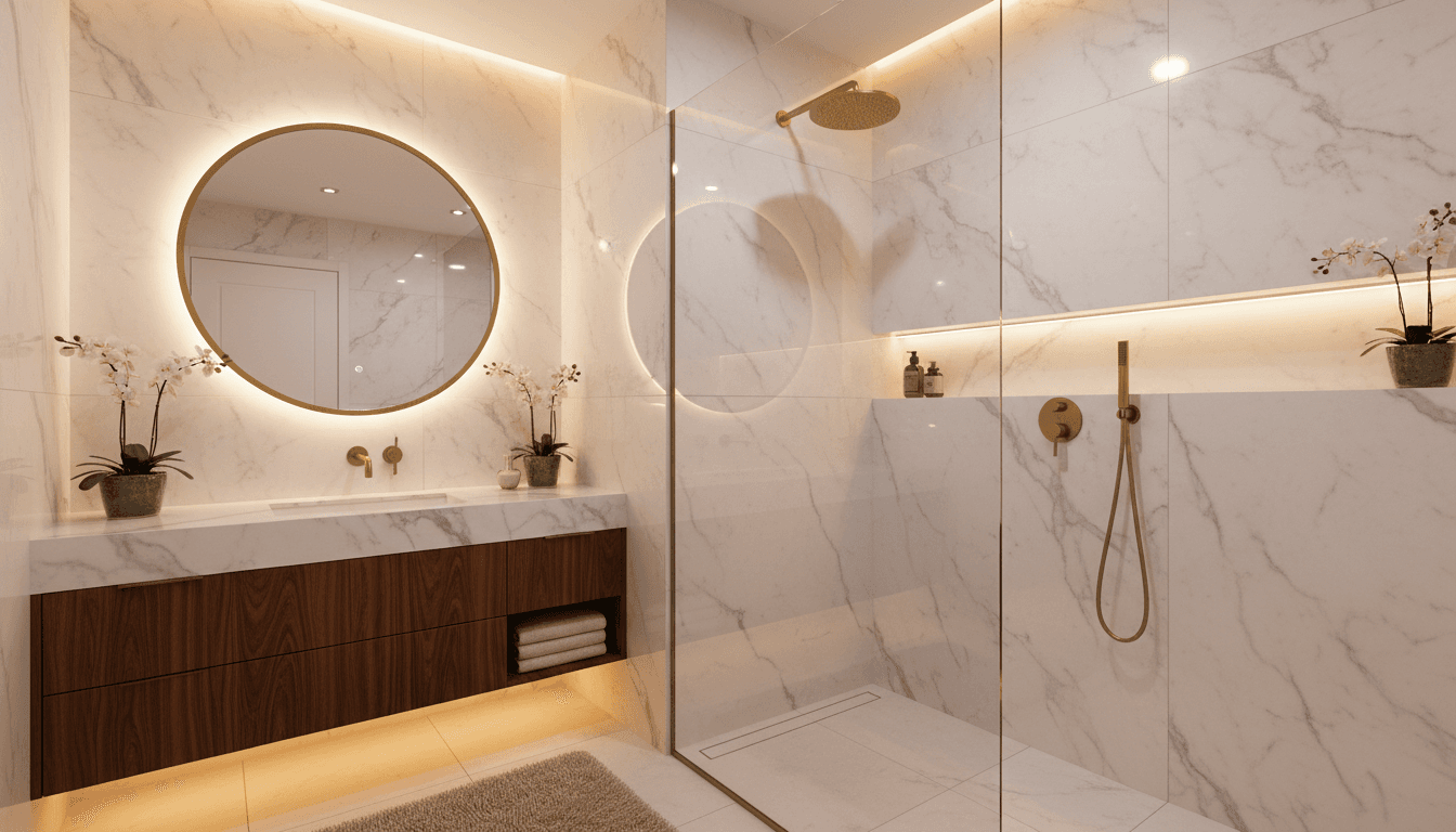 Luxury small bathroom with marble tile and modern fixtures in warm light