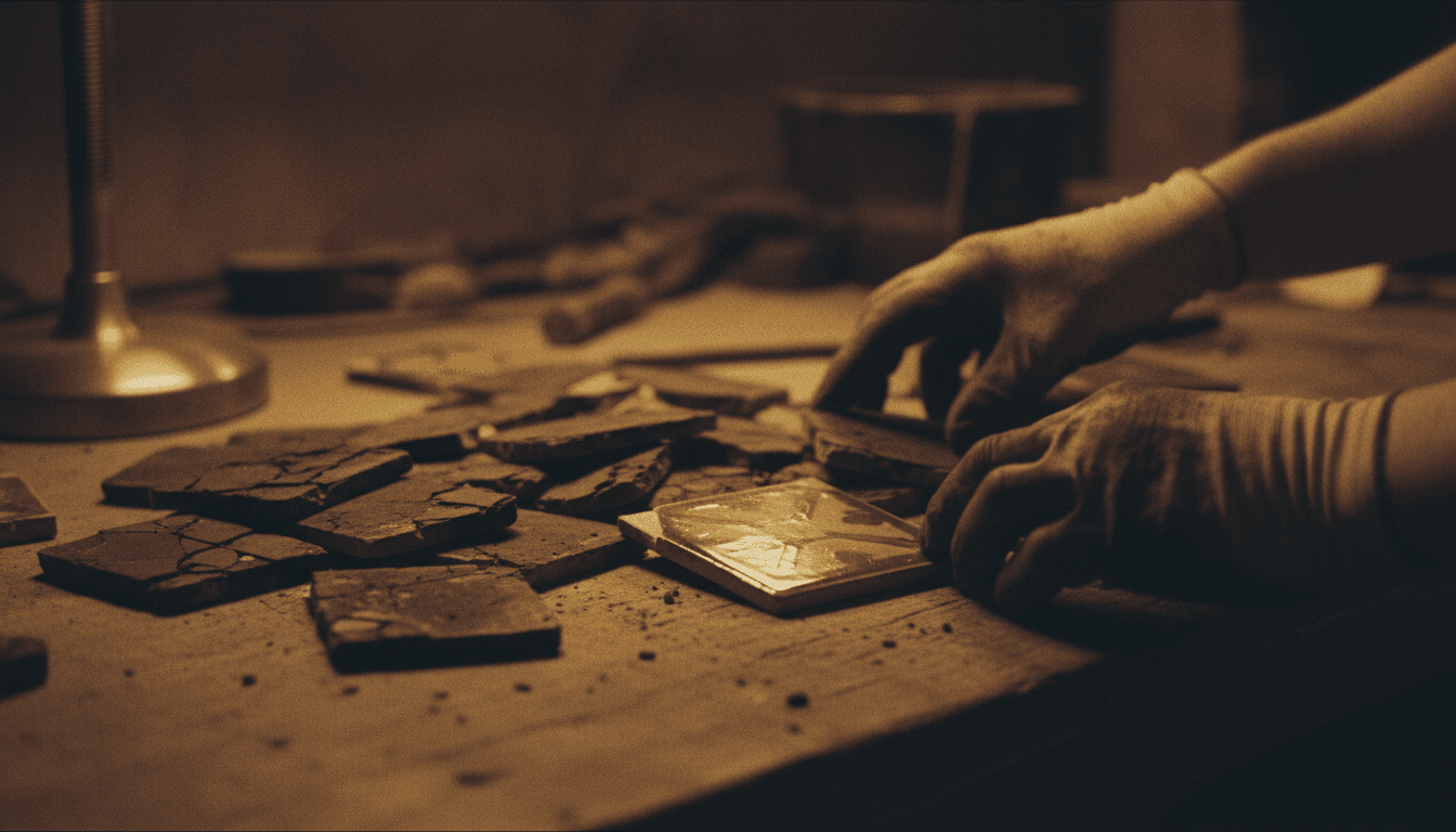 Hands sorting fire-damaged ceramic tiles on a workbench