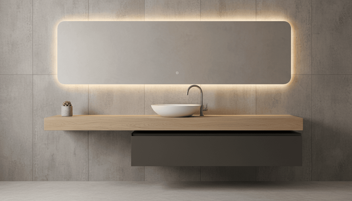 Floating vanity with vessel sink and mirror