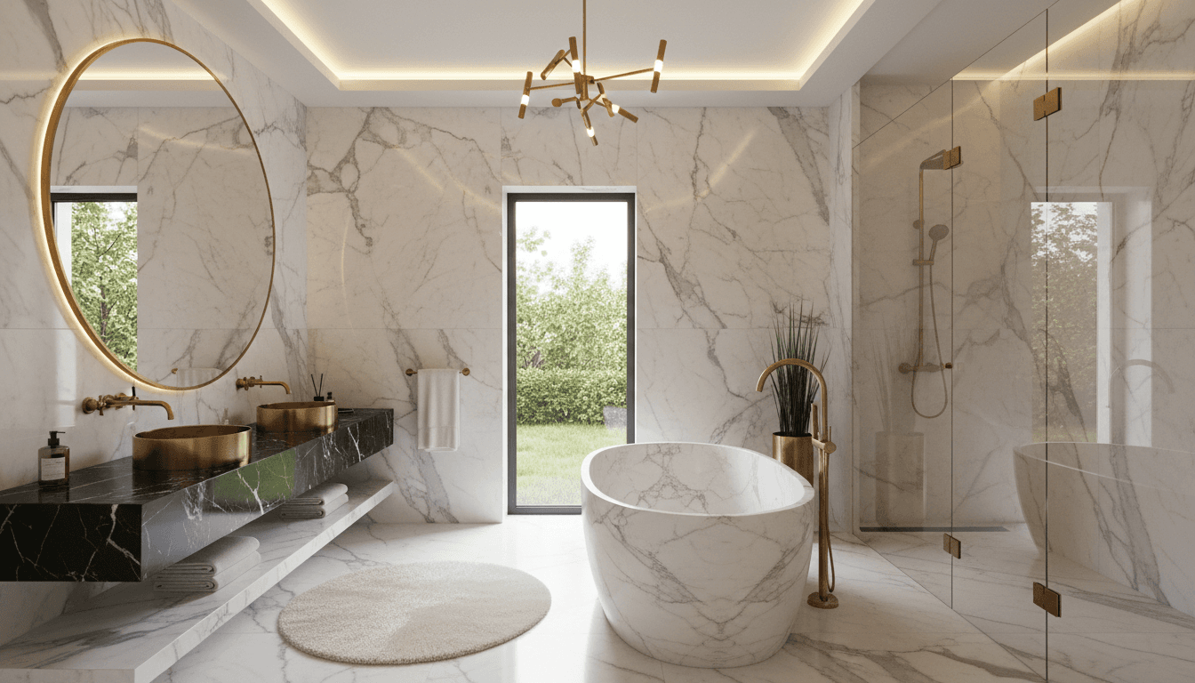 Luxury marble bathroom with freestanding soaking tub and brass fixtures