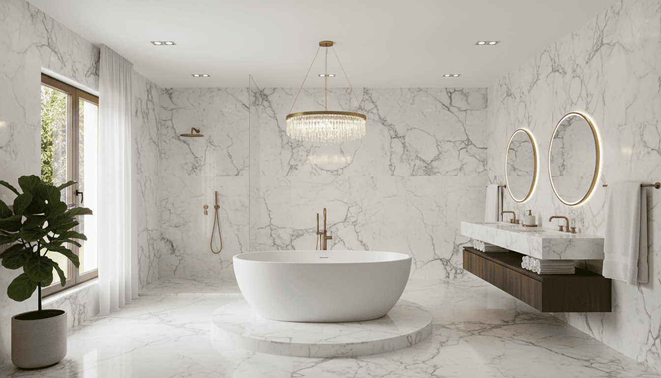 Luxury marble bathroom with a freestanding soaking tub and warm lighting
