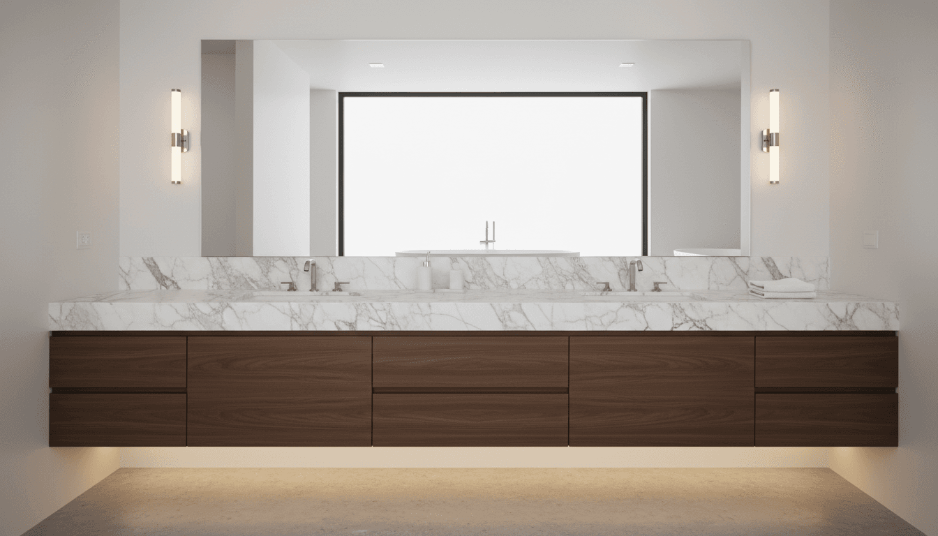 Custom white oak vanity with marble countertop in a bright modern bathroom