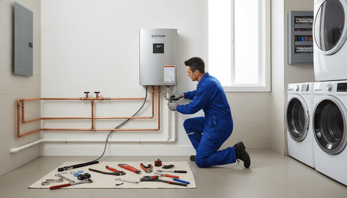 Technician installing a water heater in a modern utility room