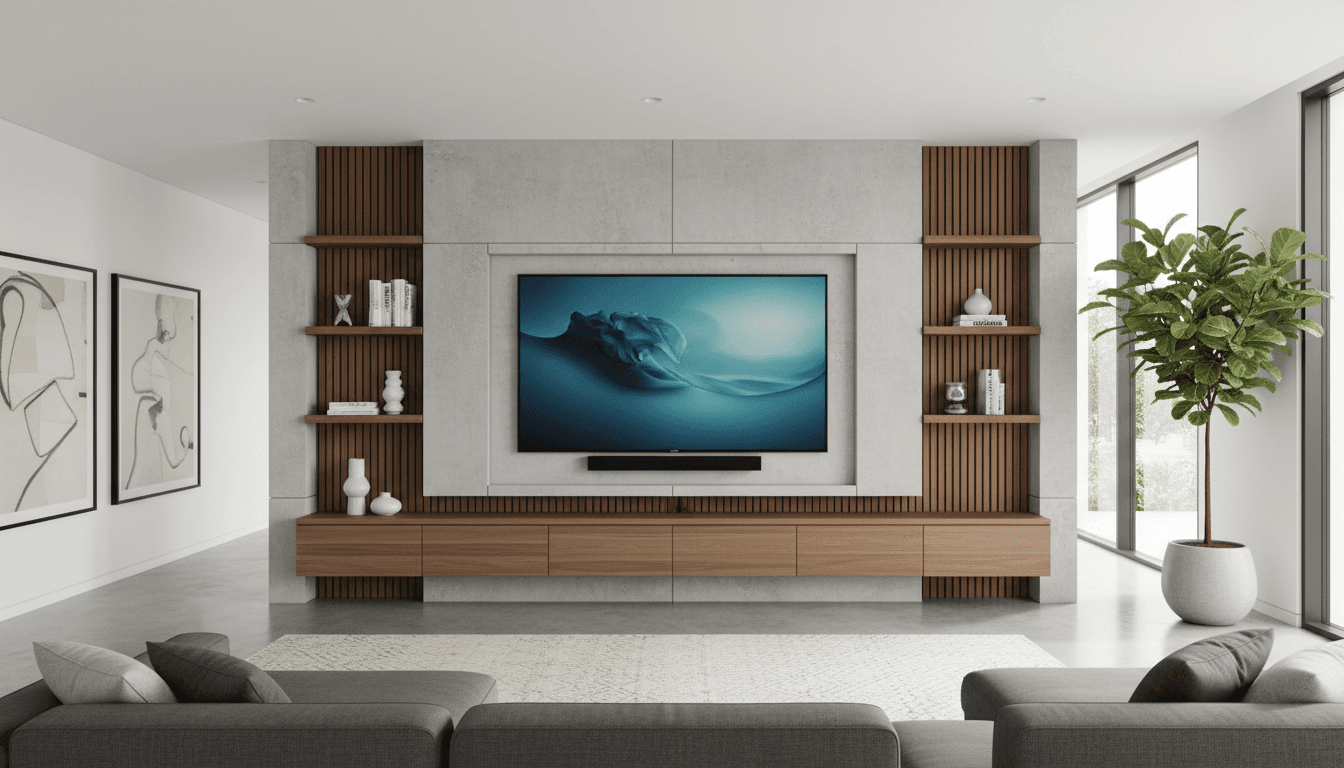 Custom media wall with a large TV and built-in shelving in a modern living room