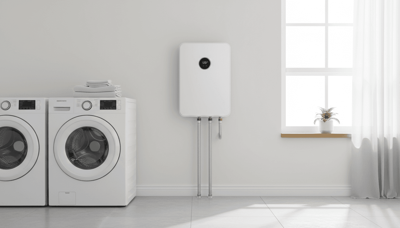 Compact tankless water heater mounted above a washing machine in a bright laundry room