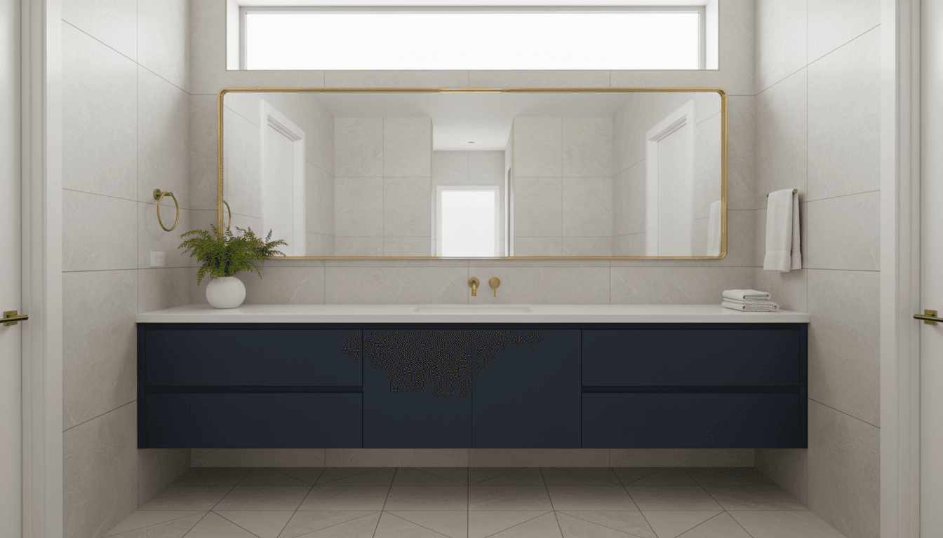 Modern bathroom with wall-mounted vanity and floating shelves