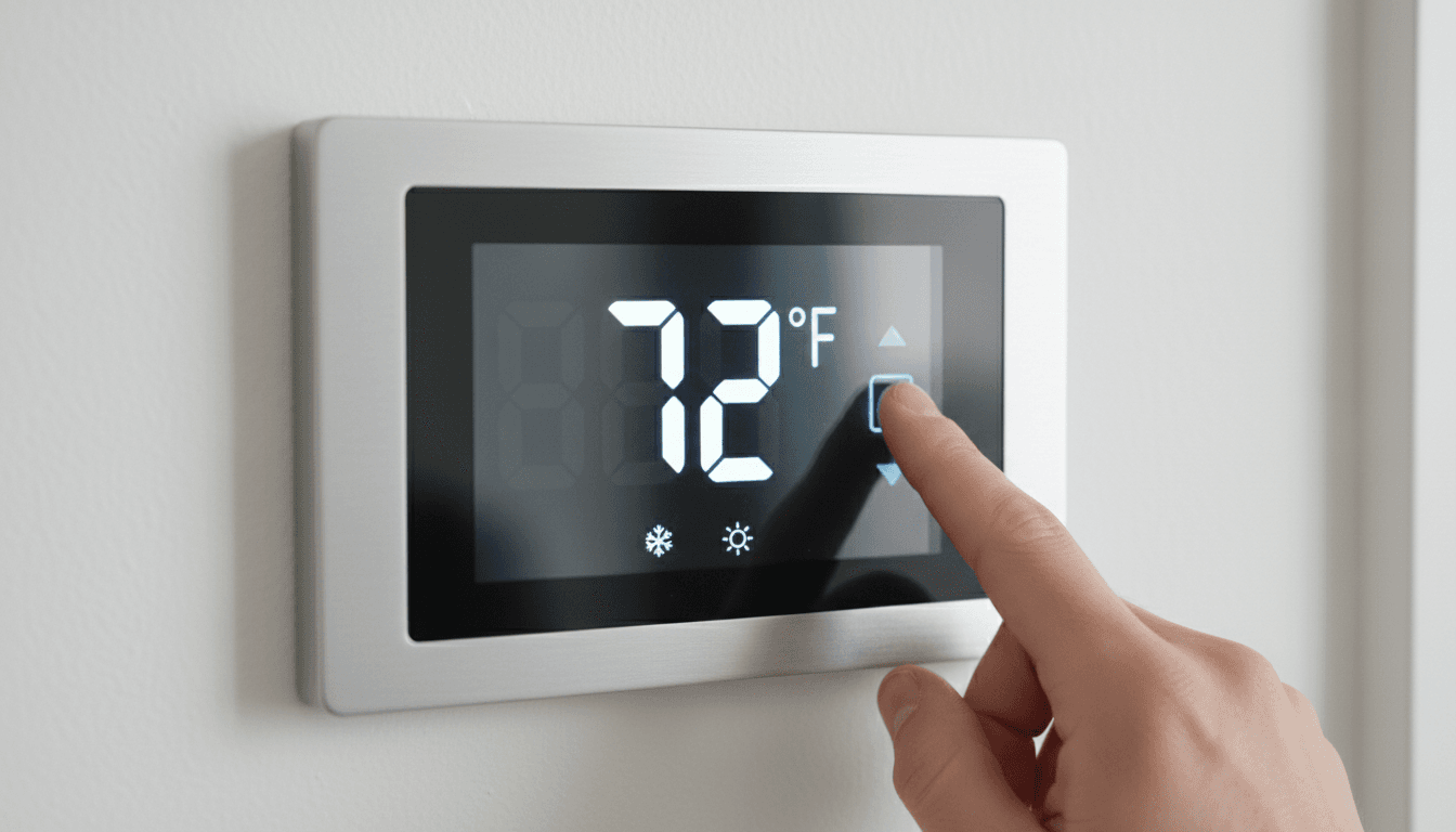 Close-up of a hand adjusting a digital thermostat on a modern wall panel