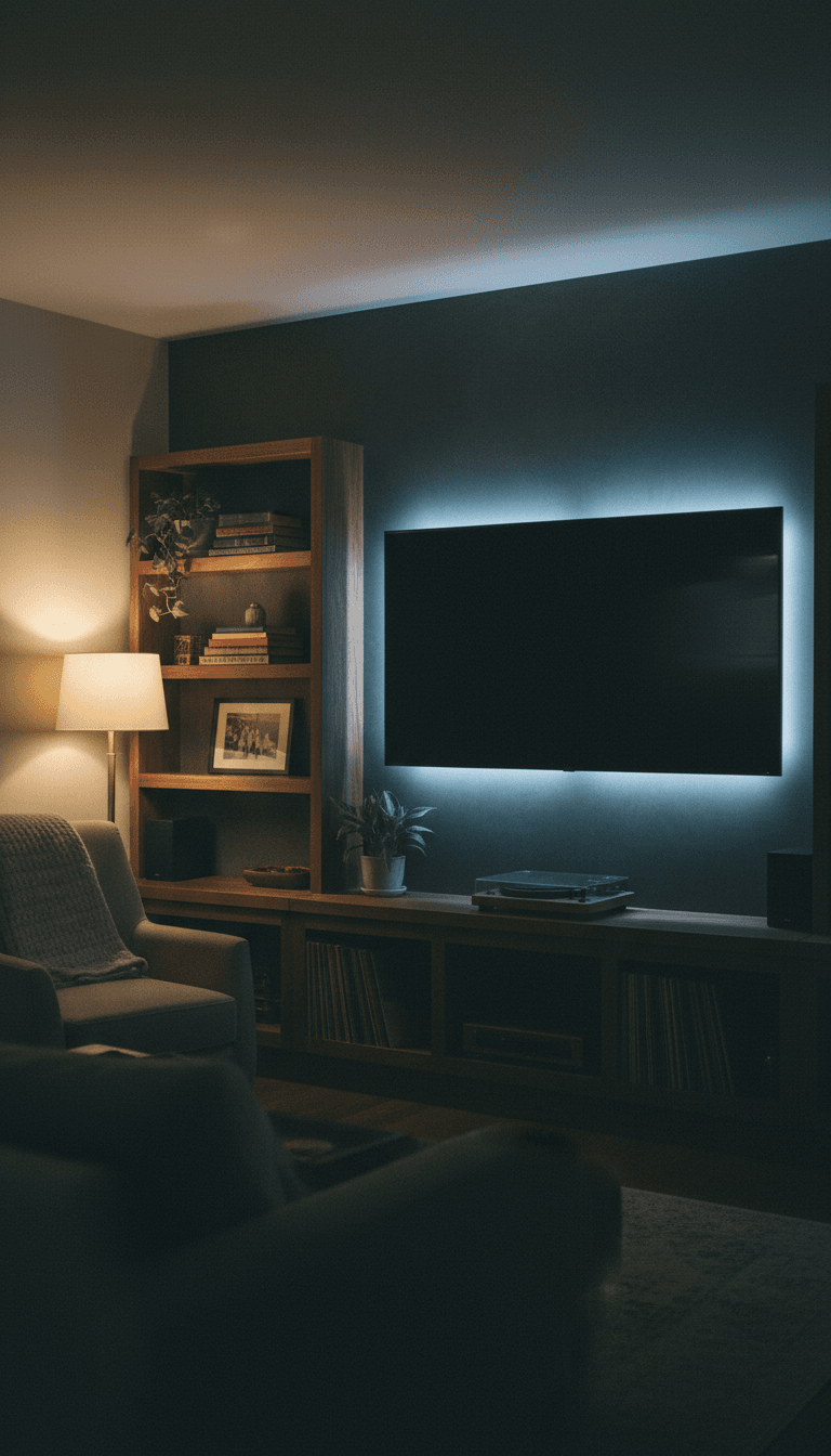 Completed media wall with ambient LED backlighting in a Philadelphia family room