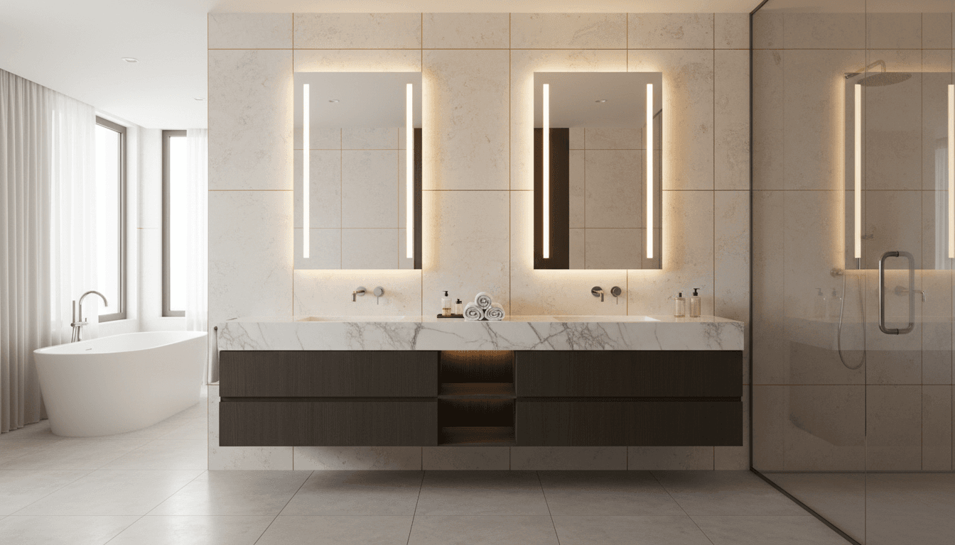 Custom double vanity with marble countertop in luxury bathroom