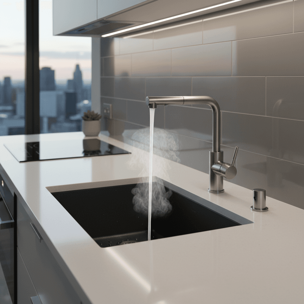 Instant hot water flowing from a modern kitchen faucet