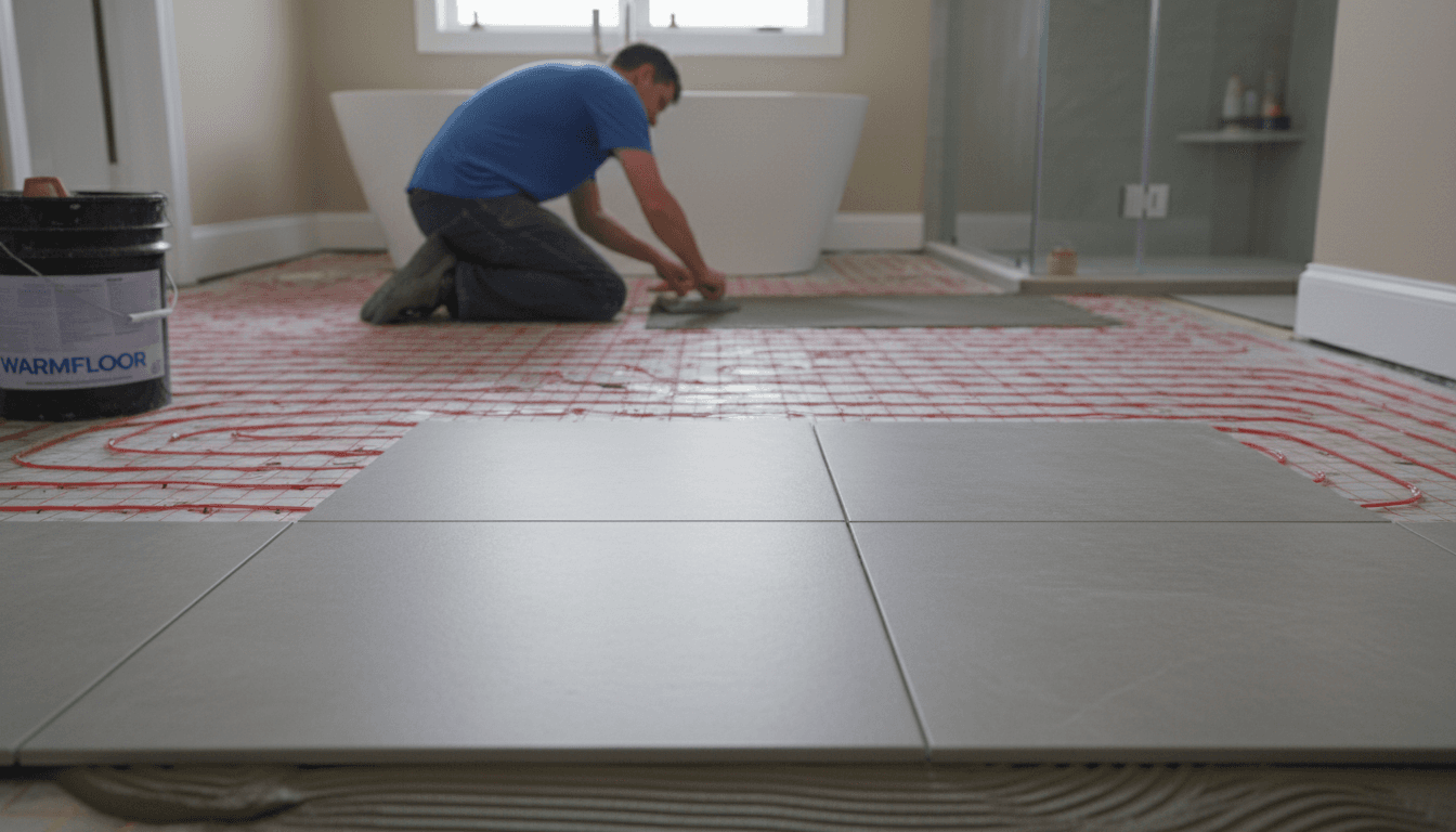 Electrician installing radiant floor heating system in a bathroom before tiling