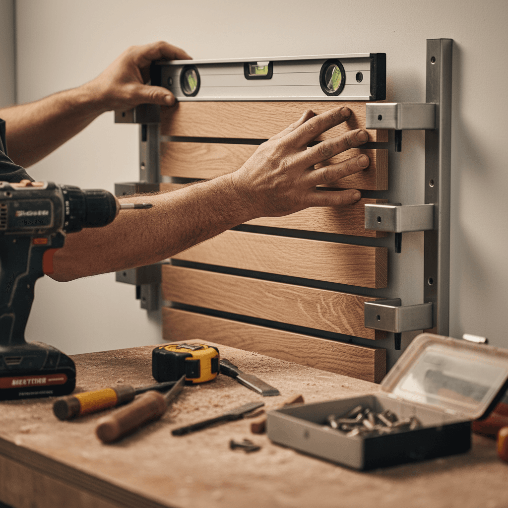Installer aligning a wooden media wall panel against wall brackets during installation