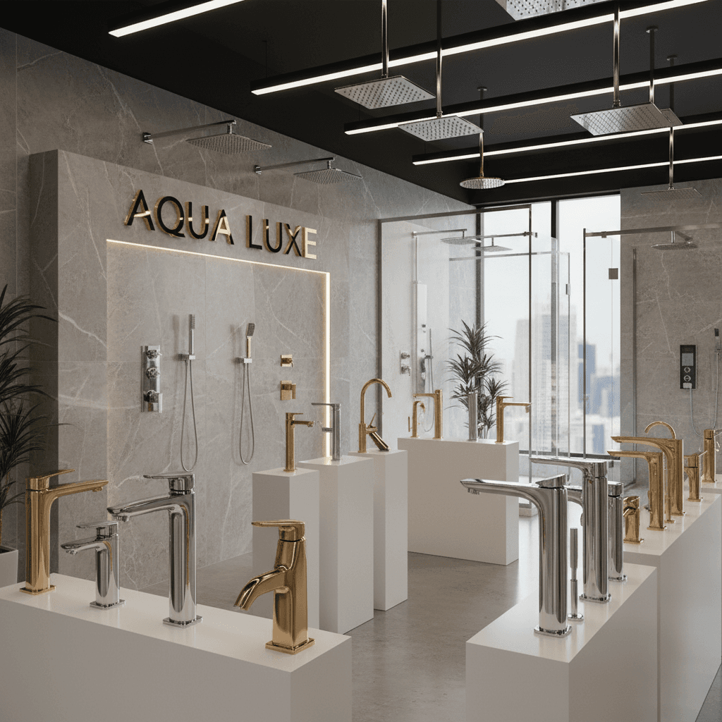 Showroom display of luxury bathroom faucets and shower fixtures