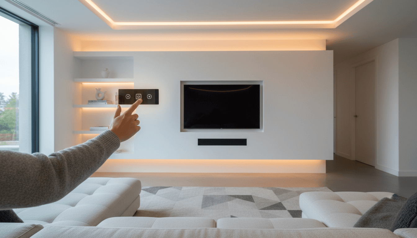 Hand reaching for touch panel on media wall to adjust room lighting