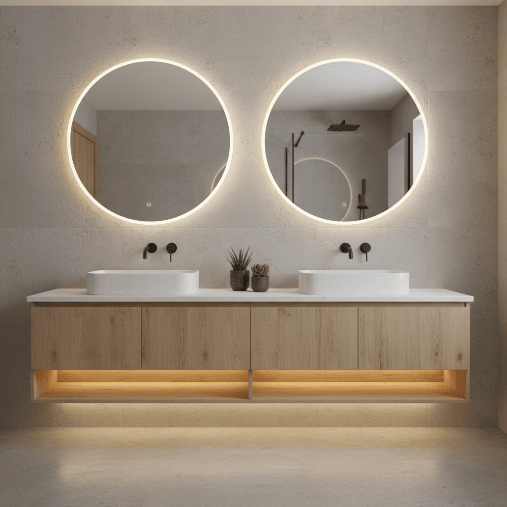 Contemporary bathroom with floating double vanity and backlit round mirror