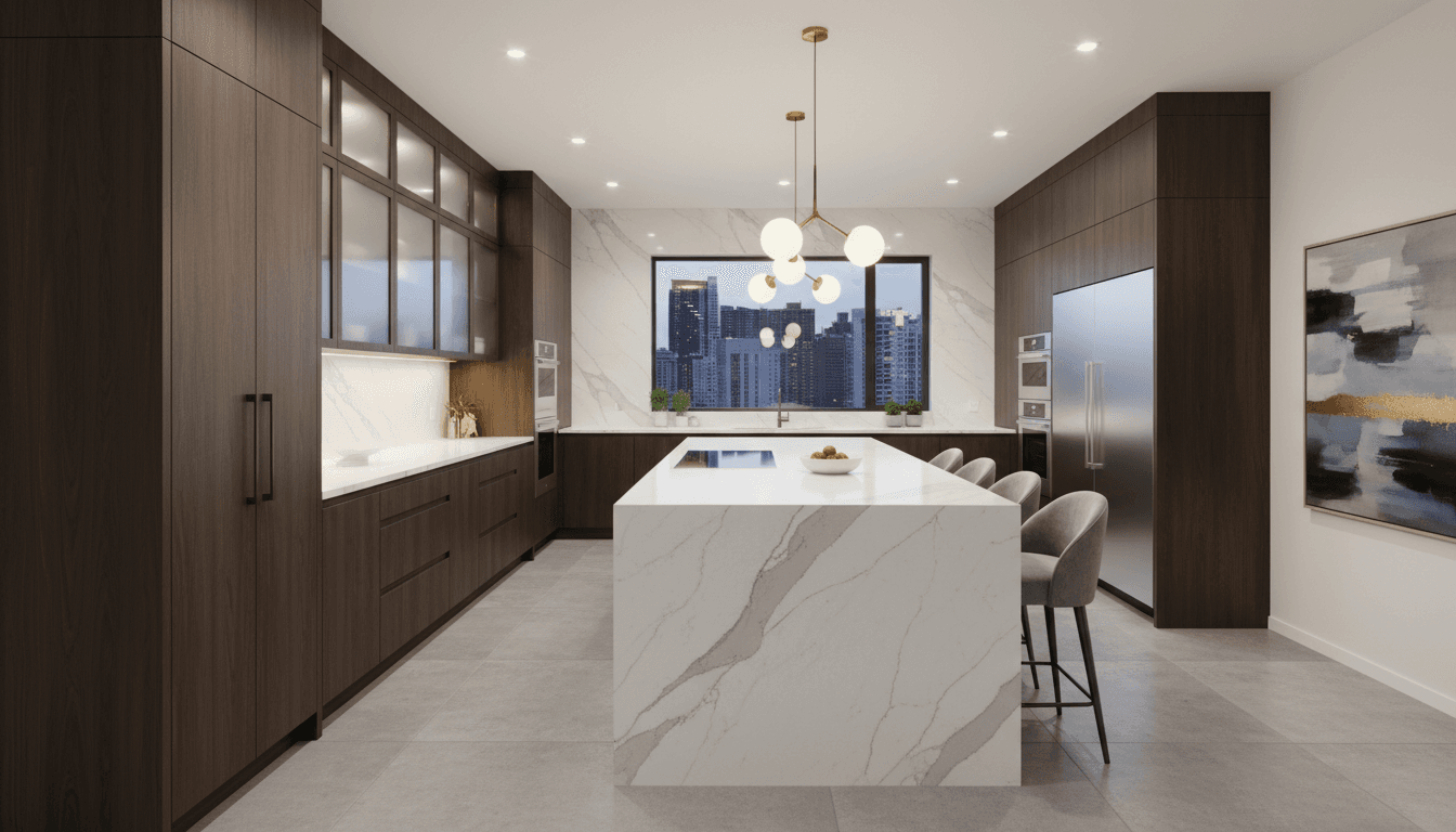 High-end modern kitchen with custom cabinetry and quartz island