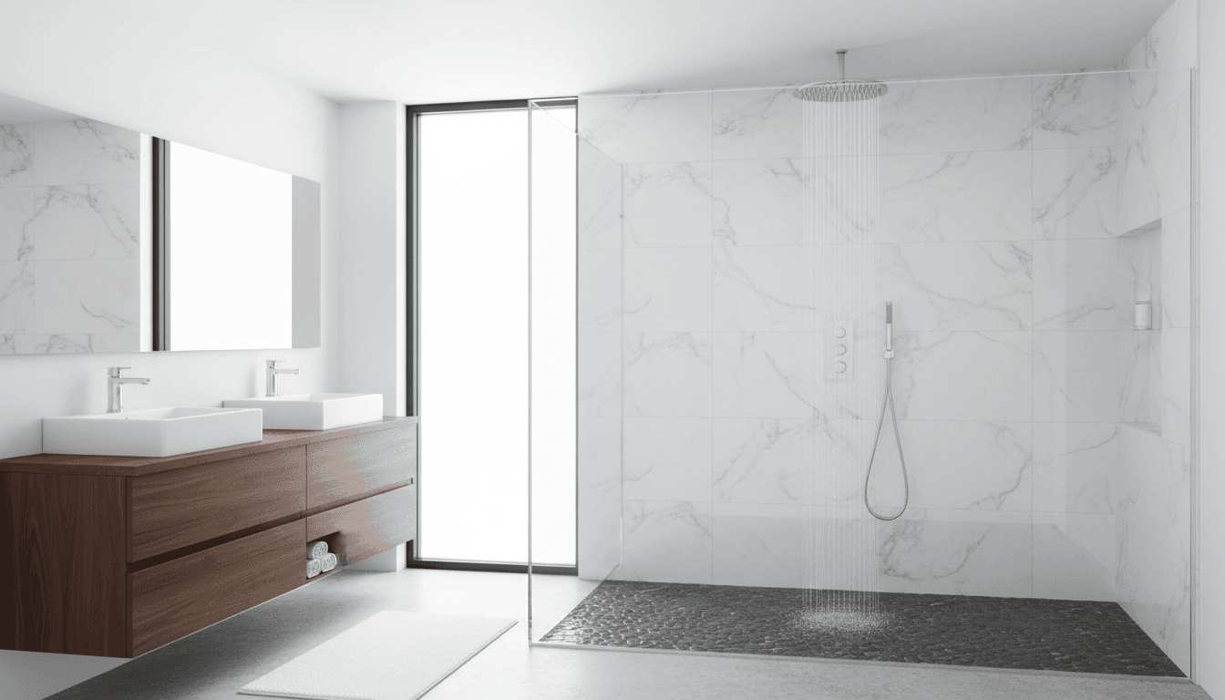 Walk-in shower with glass enclosure and rainfall showerhead