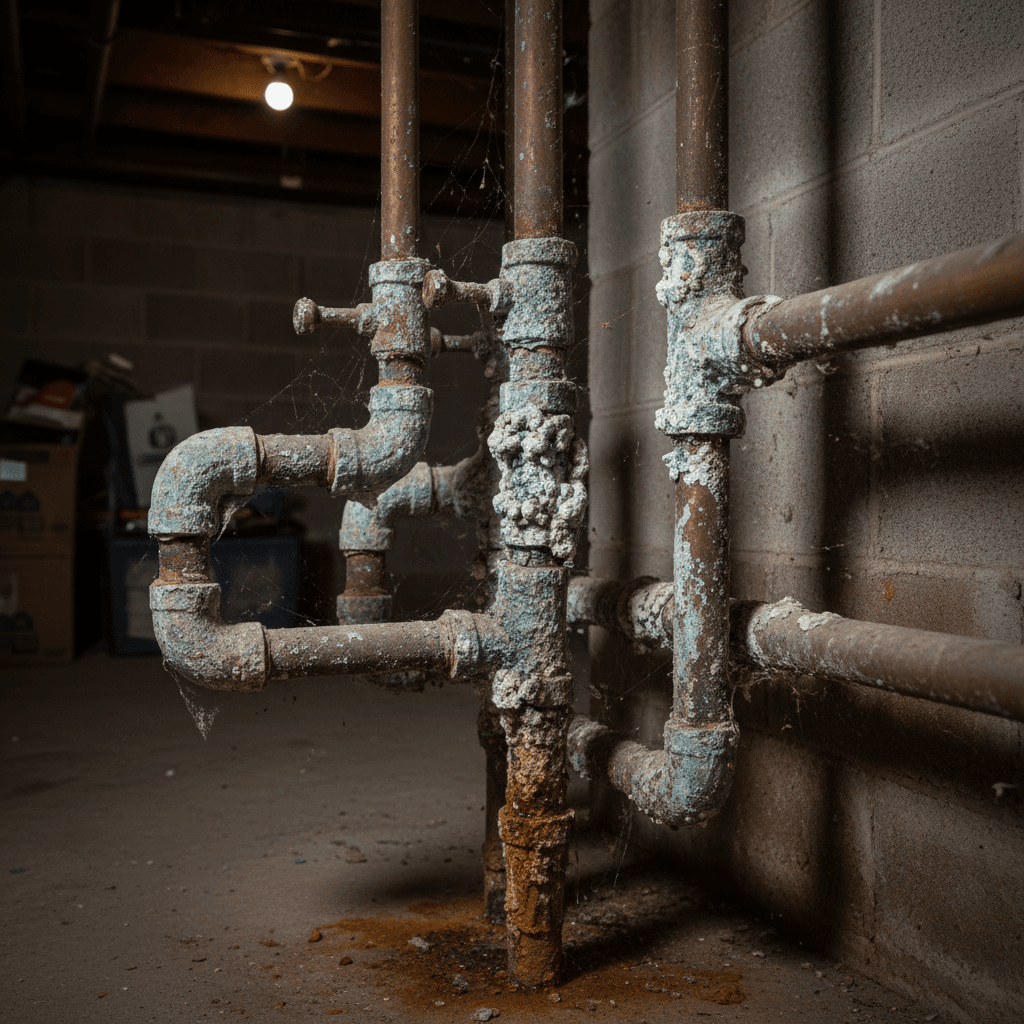 Old corroded copper pipes with visible scale and mineral deposits