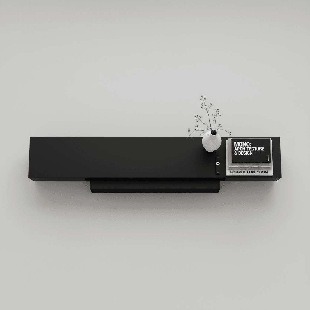 Overhead flat lay of a minimalist media wall console with soundbar and decor