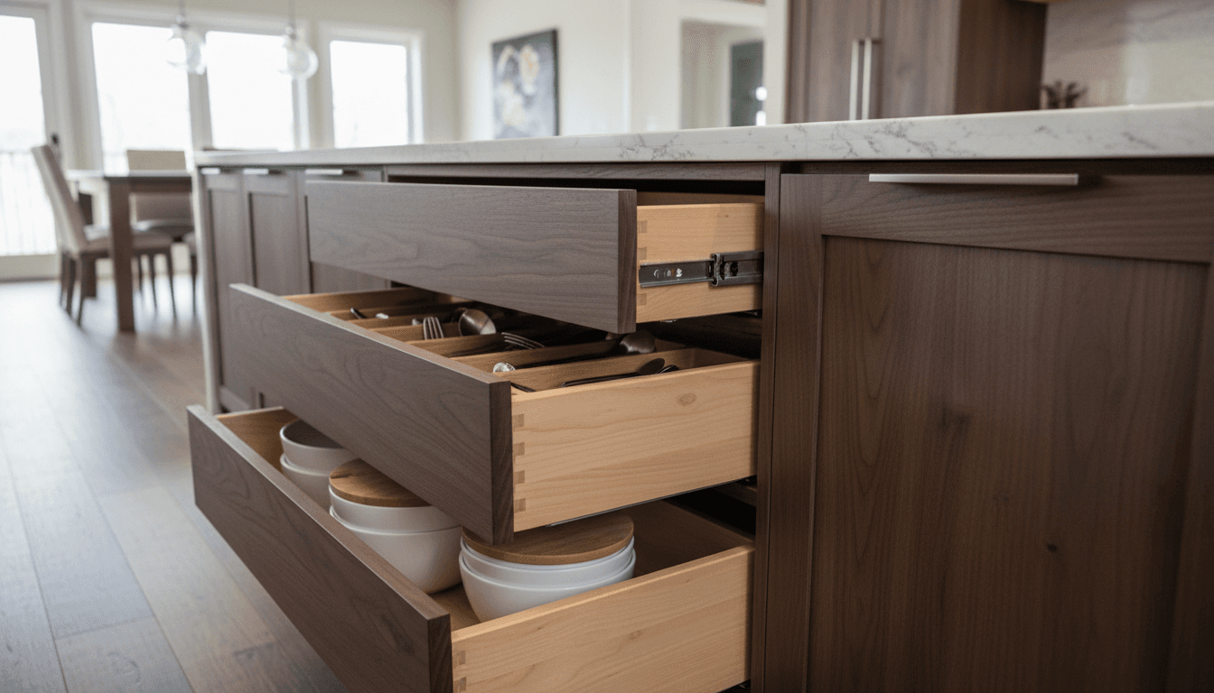 Detail of custom kitchen cabinetry with soft-close drawers