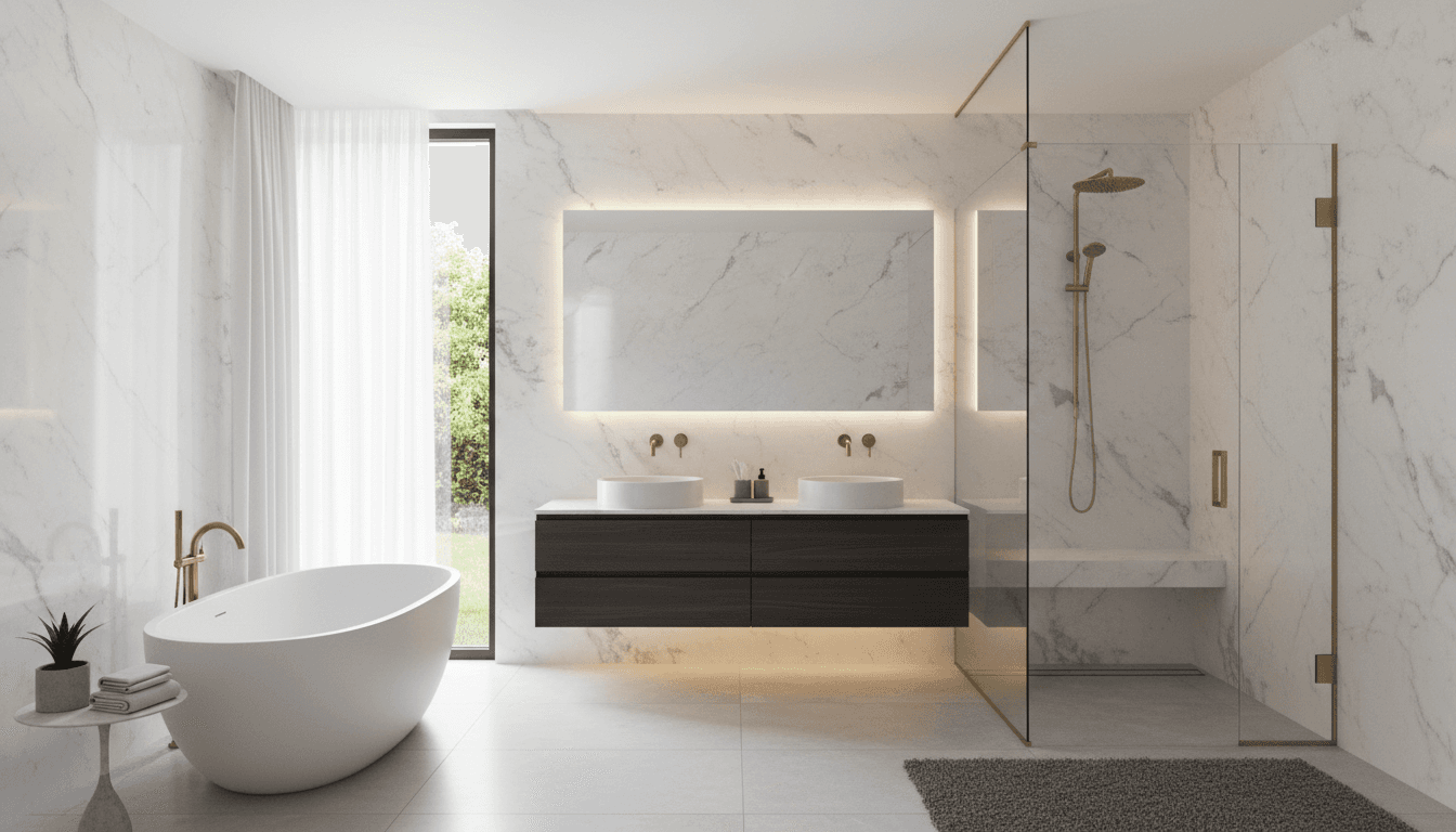 Modern luxury bathroom with marble walls and a walk-in glass shower