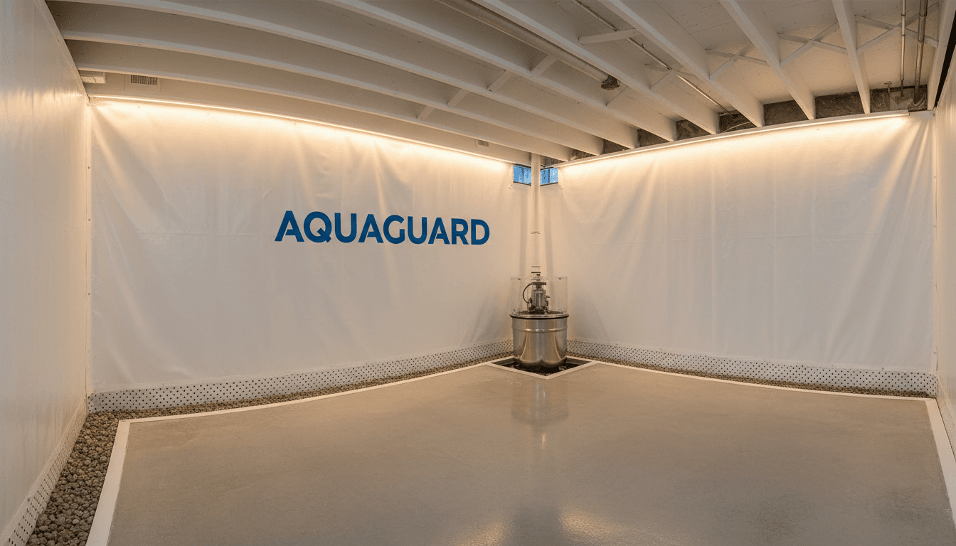 Clean modern basement waterproofing system installation