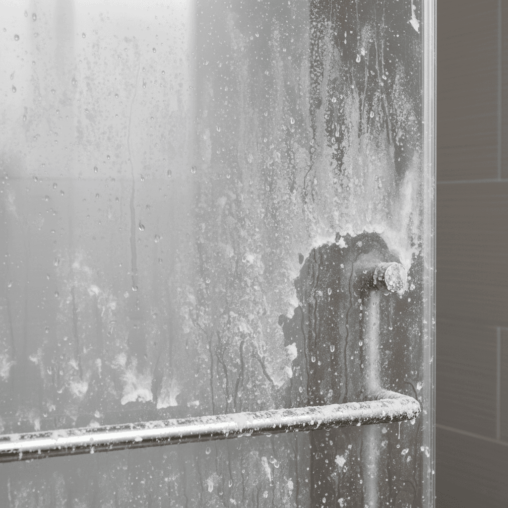 Glass shower door covered in hard water stains and soap scum