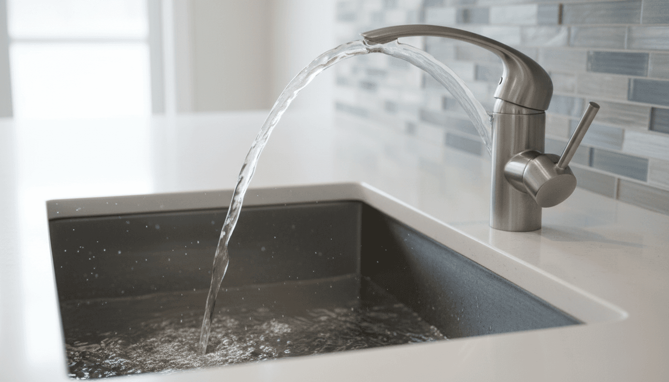 Water flowing from a sleek modern kitchen faucet