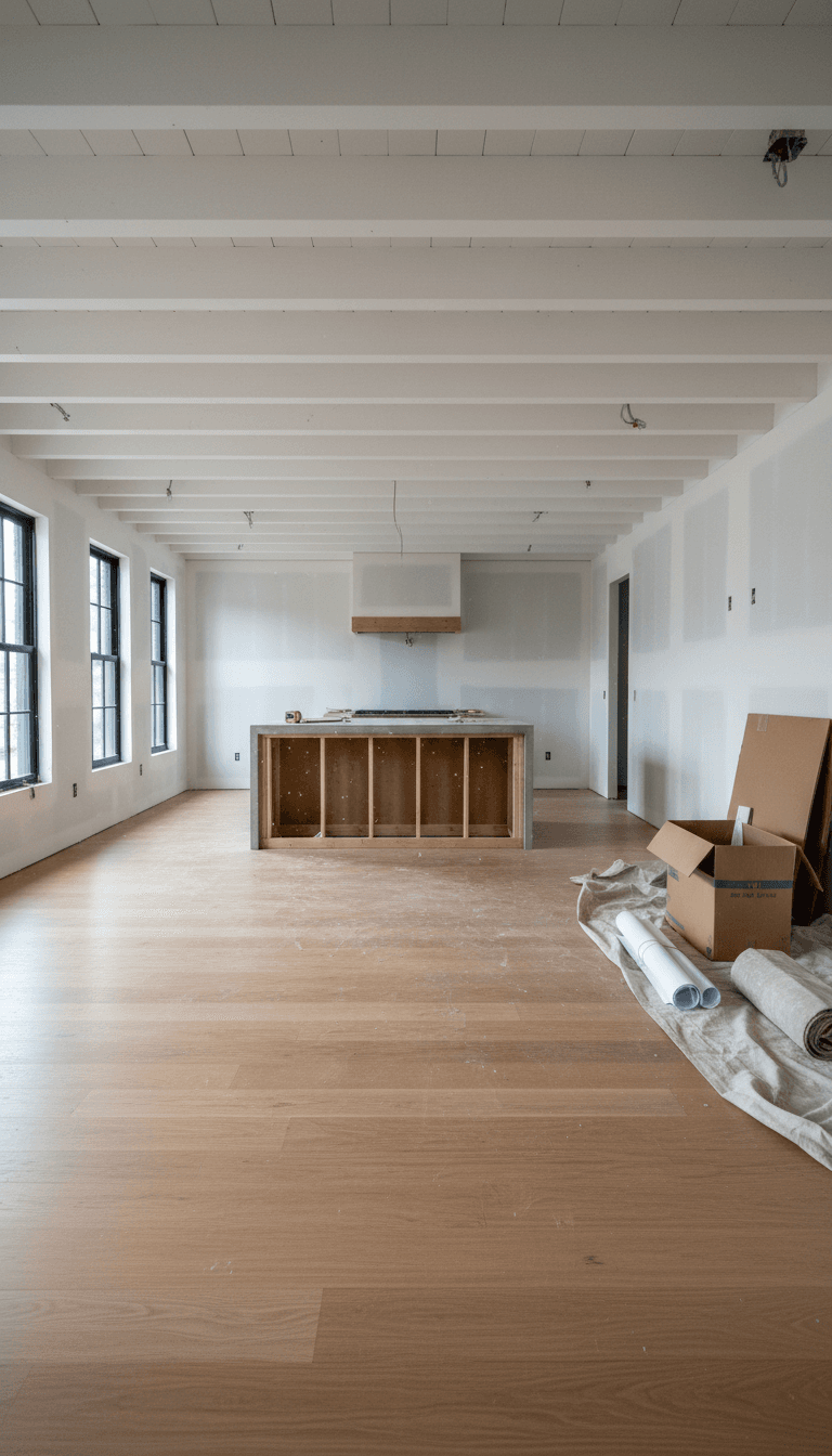 Nearly completed home renovation with new kitchen island and oak flooring in Philadelphia