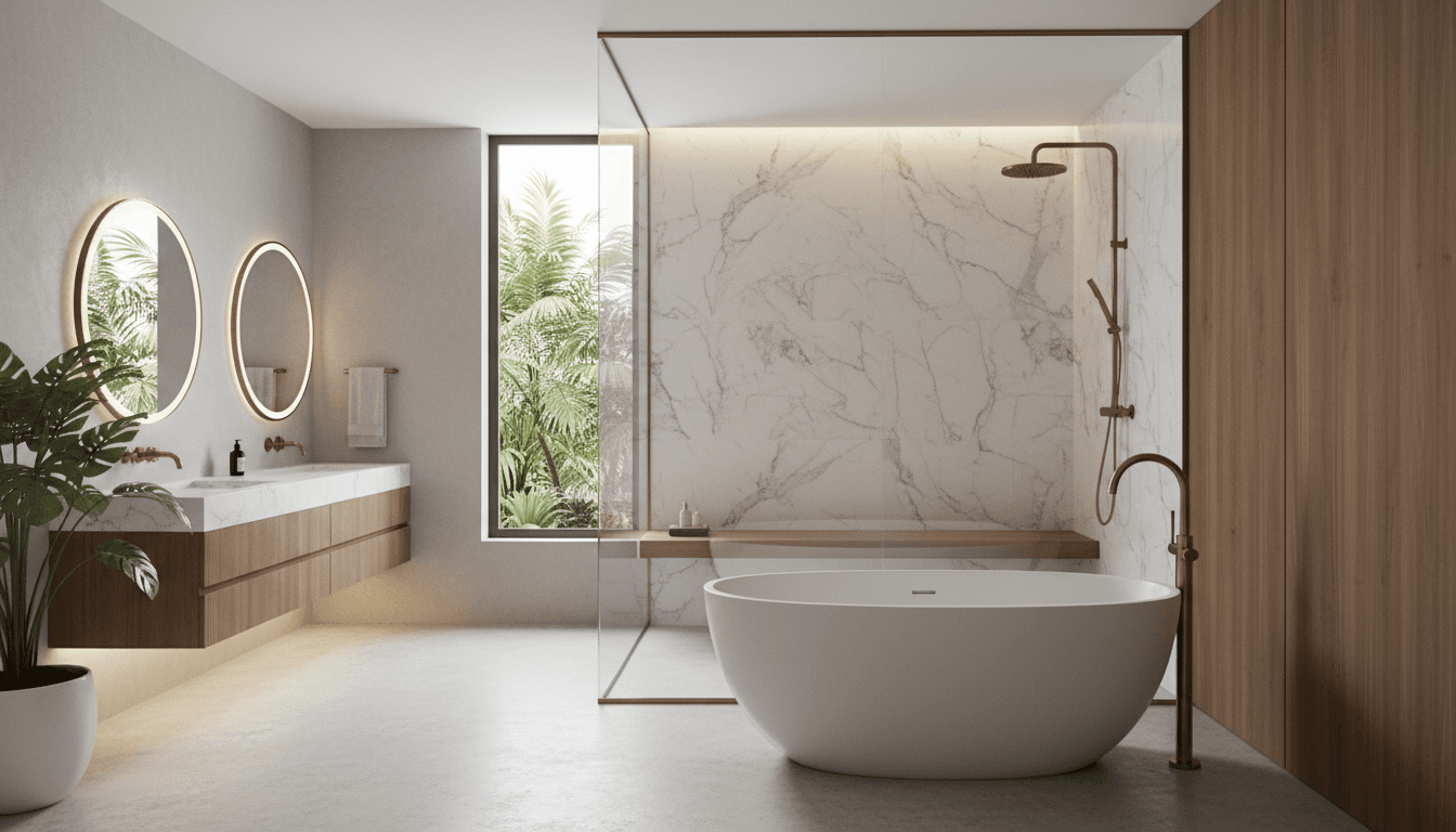 Modern luxury bathroom with a freestanding tub, large walk-in shower, and elegant fixtures