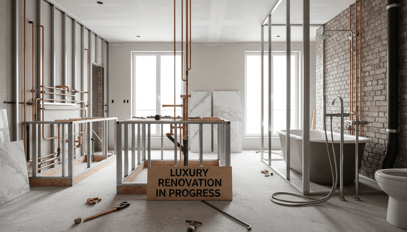 Luxury home renovation in progress with new plumbing