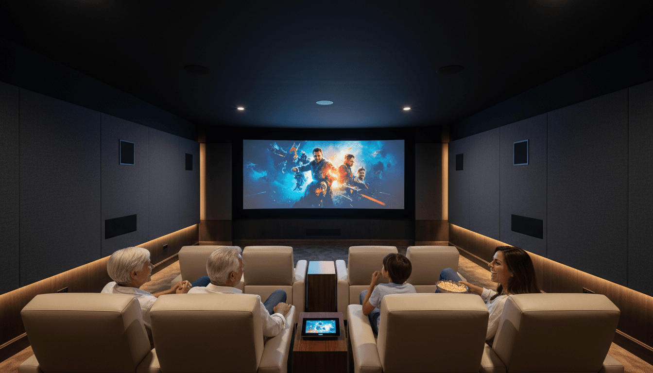 Professional entertainment space with custom media wall and integrated AV system