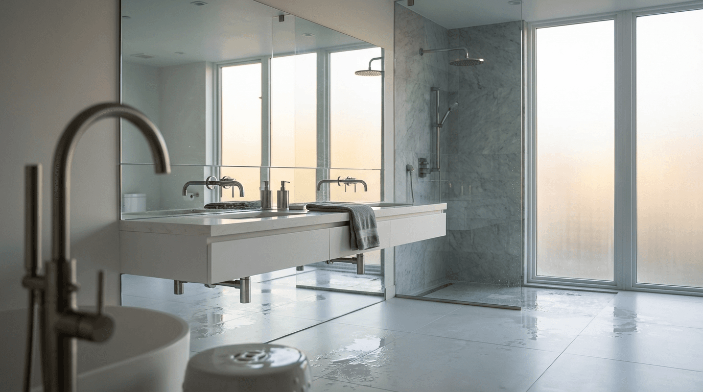 Modern bathroom with gleaming chrome fixtures, natural light, and premium tile surfaces